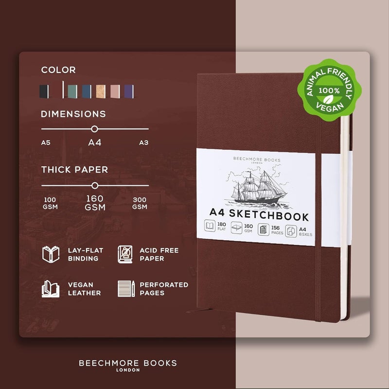 Beechmore Books A4 Sketchbook – 8.5x11 Premium Vegan Leather Bound Large Sketch Book Hardcover with 156 Thick 160gsm Perforated Ivory Pages, Blank Sketch Pad, Gift Boxed, Back Pocket, Ribbon Bookmark - Image 2
